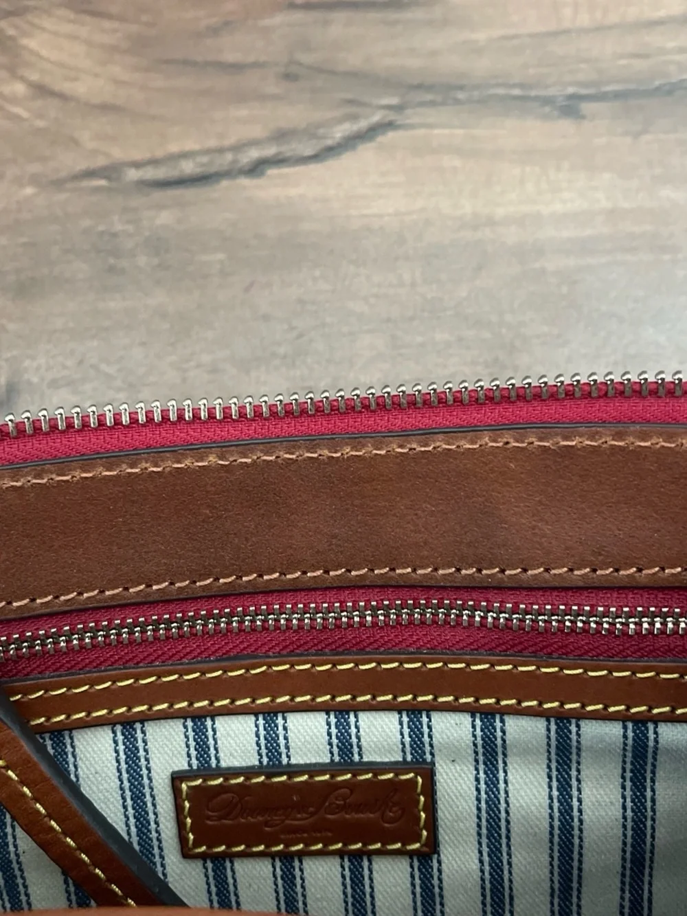 Dooney & Bourke Gray Canvas Crossbody with Brown Leather Trim and Red Interior